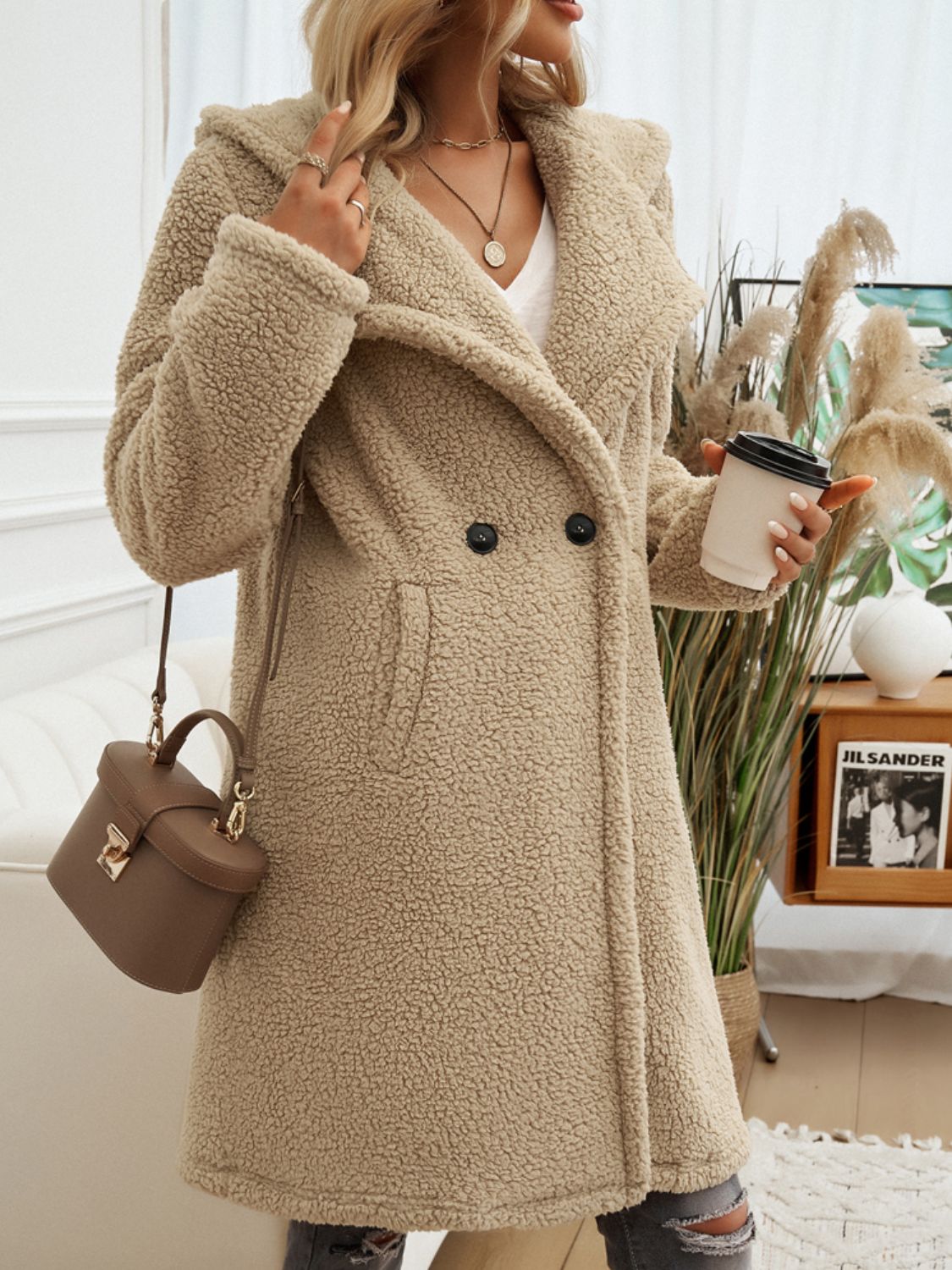 Pocketed Long Sleeve Hooded Teddy Coat