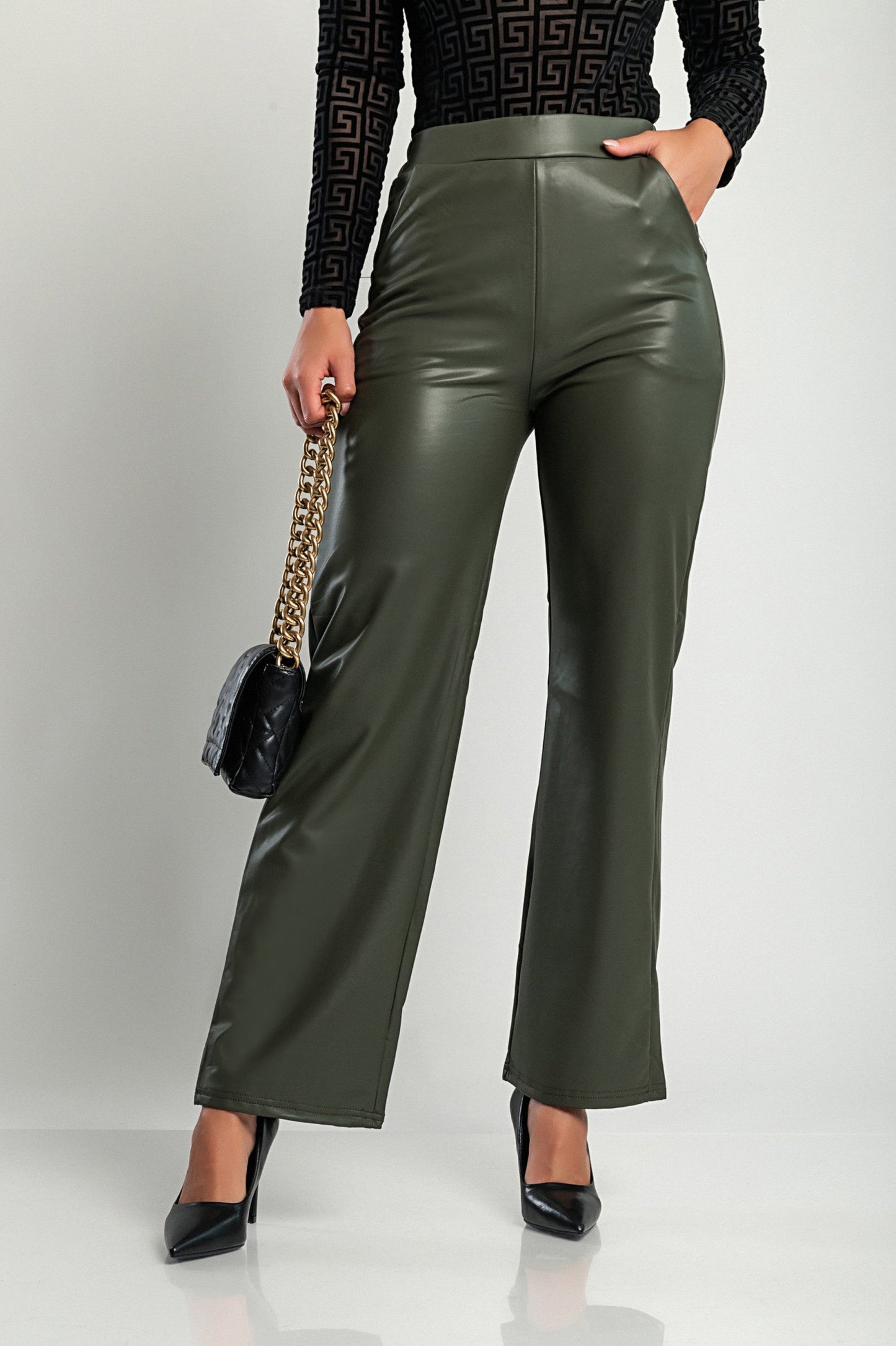 Faux leather pants, olive.