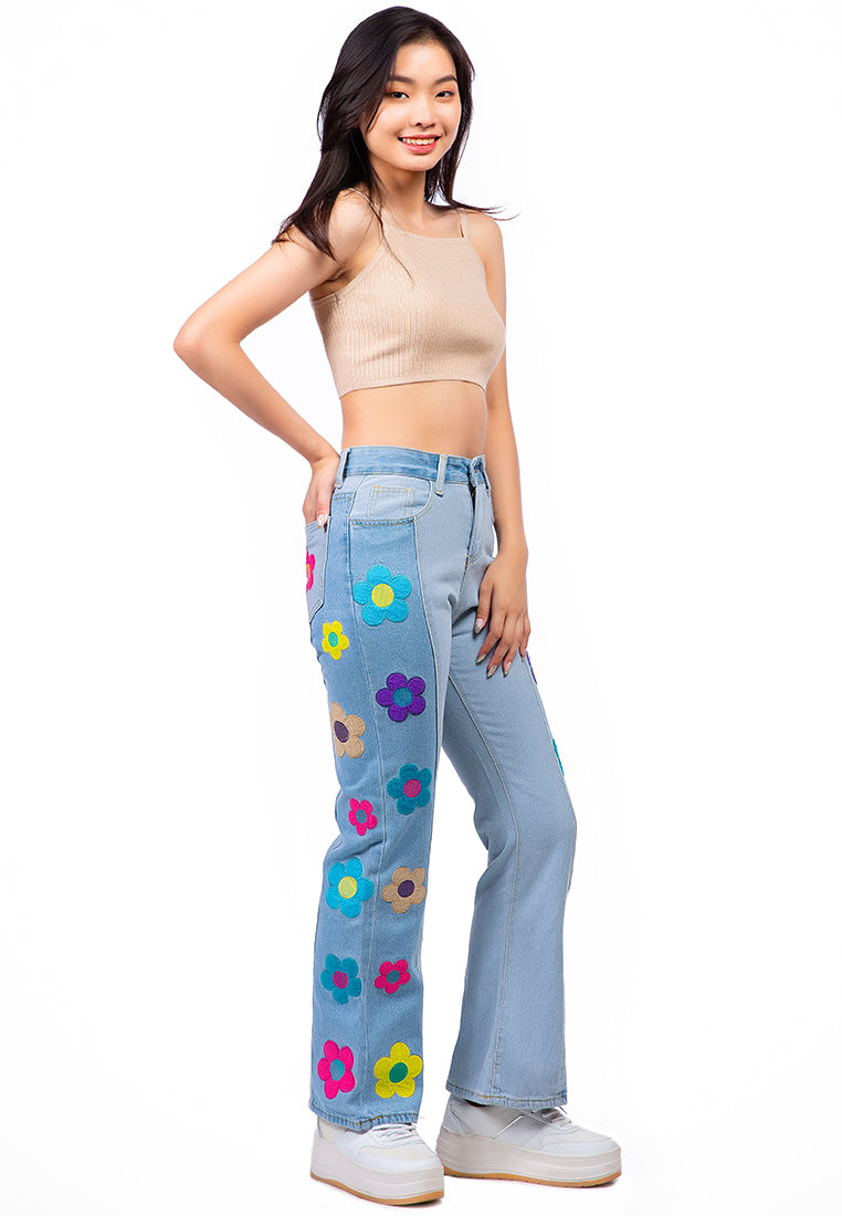 Embroidered Daisy Paneled Jeans Pants