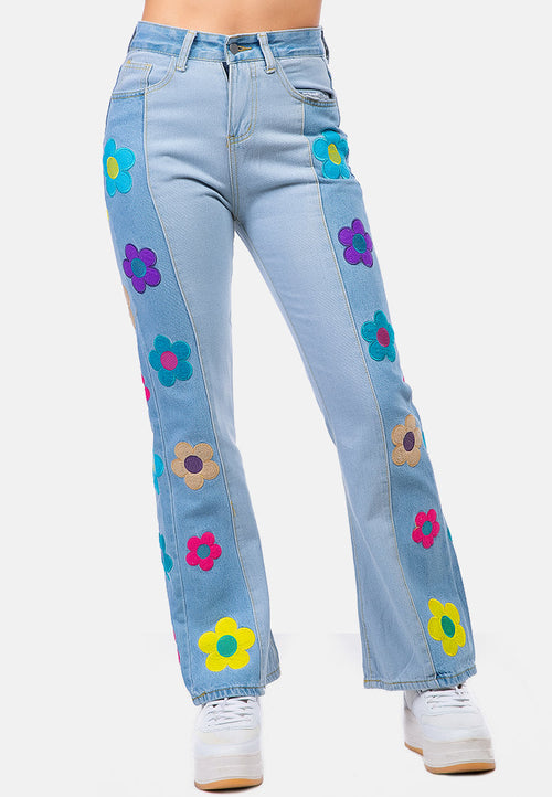 Embroidered Daisy Paneled Jeans Pants