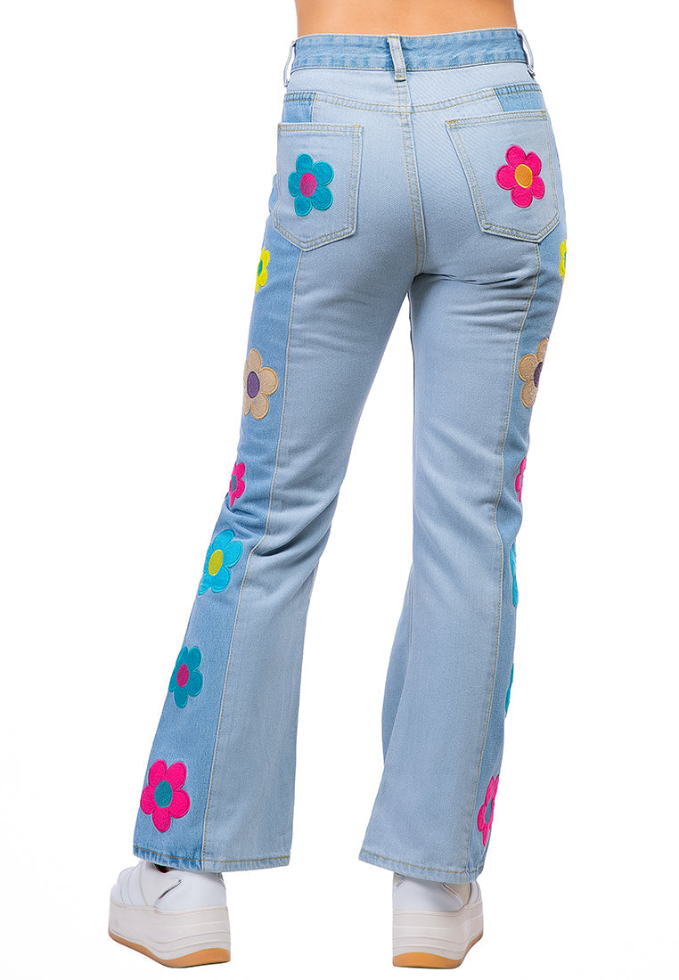 Embroidered Daisy Paneled Jeans Pants