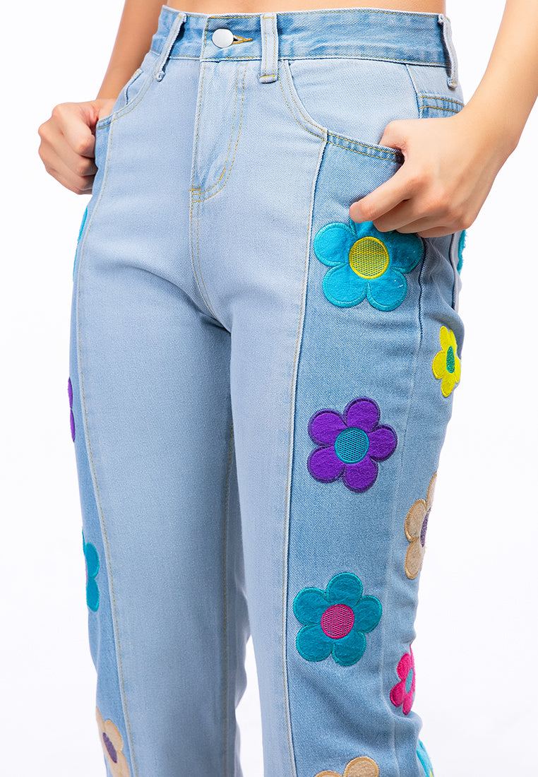 Embroidered Daisy Paneled Jeans Pants