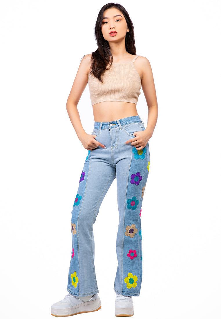 Embroidered Daisy Paneled Jeans Pants