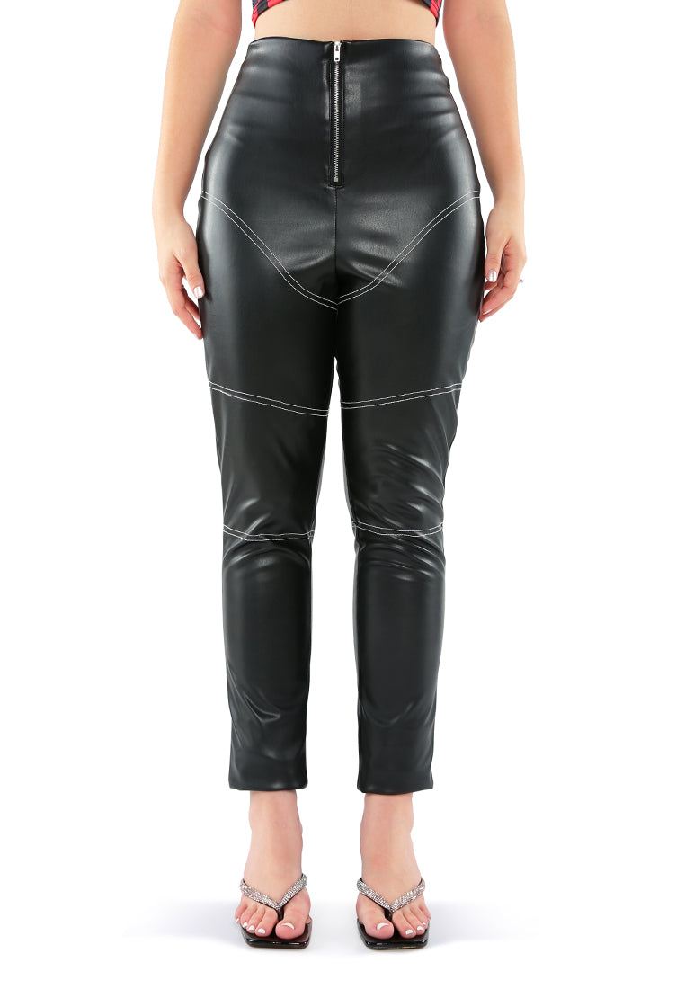 Faux Leather Contrast Stitch Pants