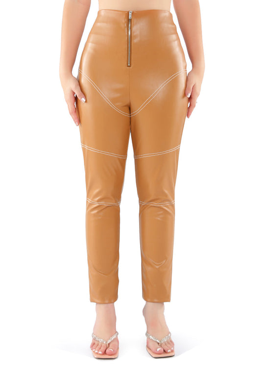 Faux Leather Contrast Stitch Pants