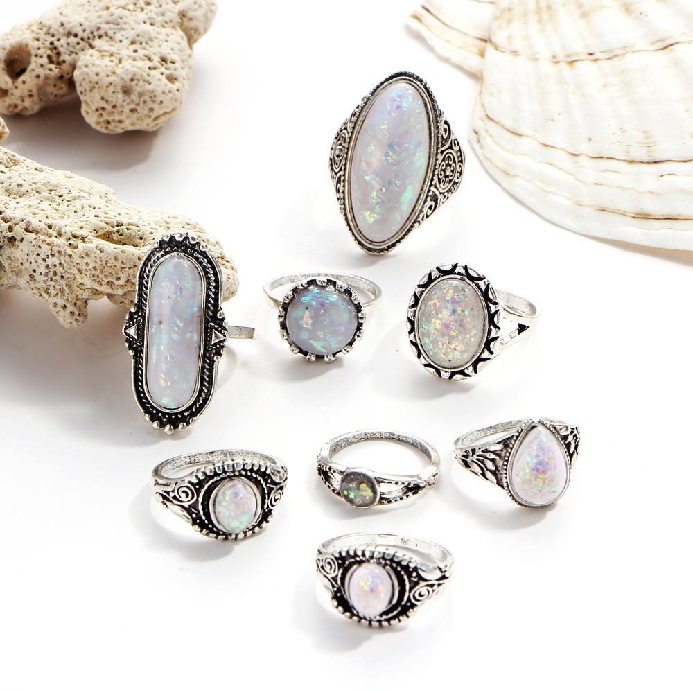 8 Piece Opal Created Oxidized Ring Set With Austrian Crystals 18K