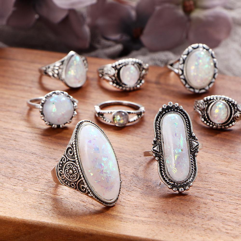 8 Piece Opal Created Oxidized Ring Set With Austrian Crystals 18K