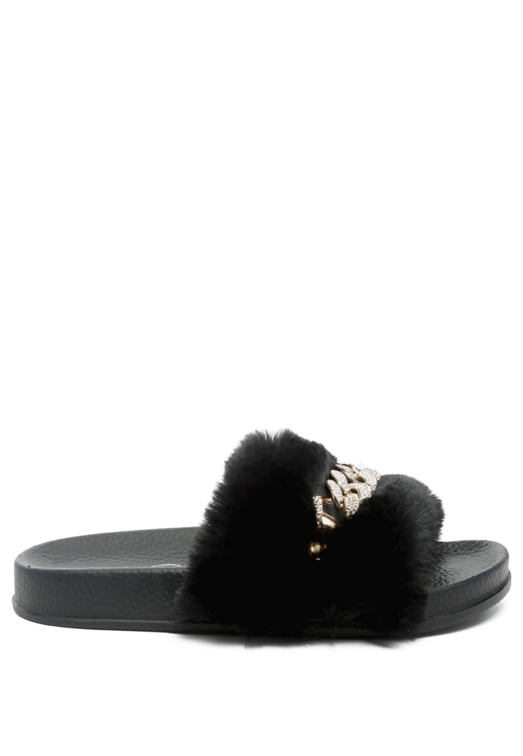 Chums Metal Chain Detail Fur Slides