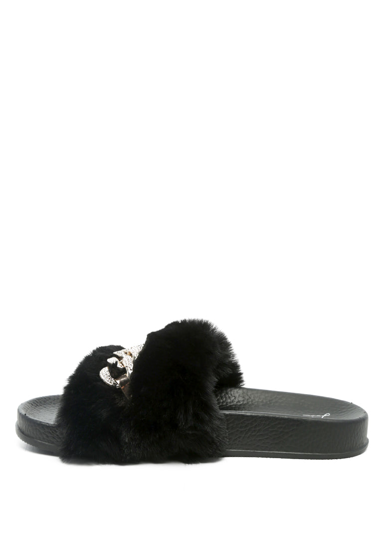 Chums Metal Chain Detail Fur Slides