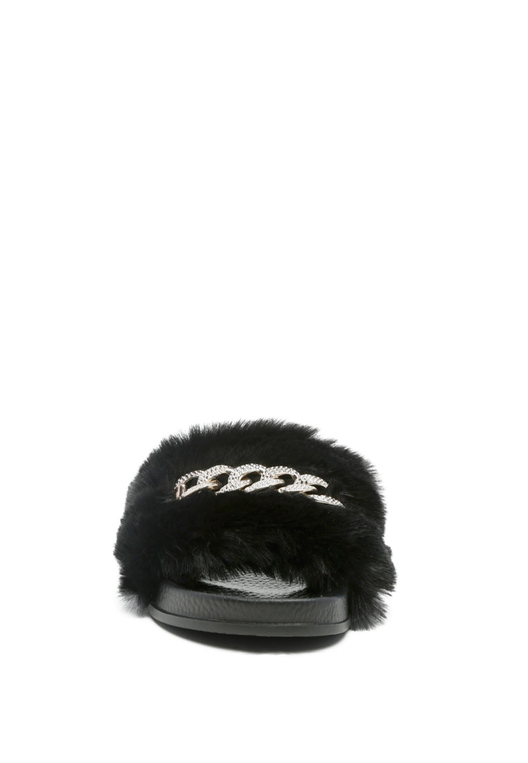 Chums Metal Chain Detail Fur Slides