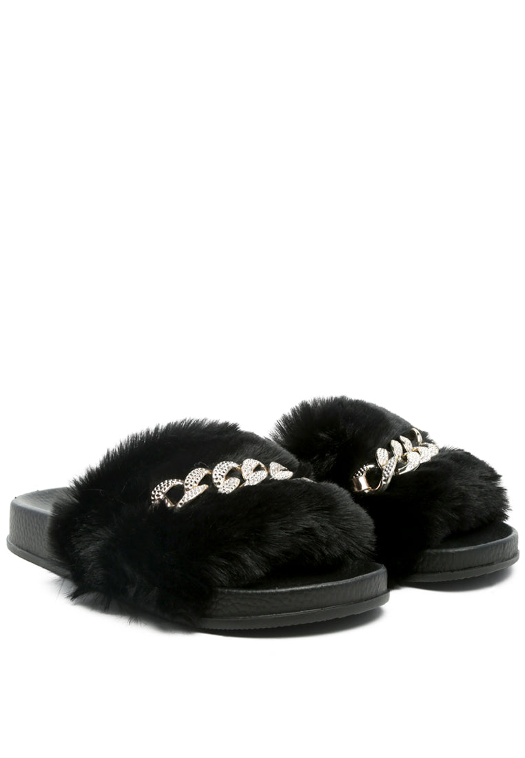 Chums Metal Chain Detail Fur Slides