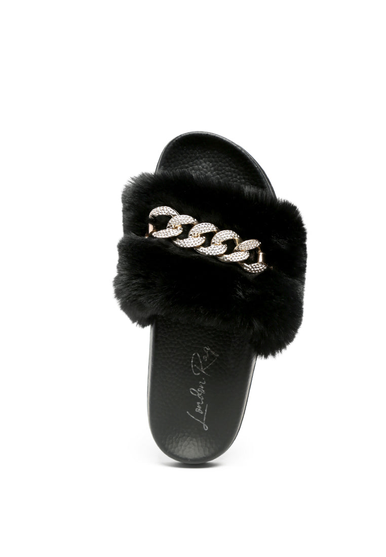 Chums Metal Chain Detail Fur Slides