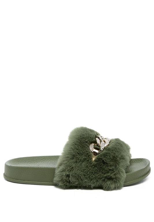 Chums Metal Chain Detail Fur Slides