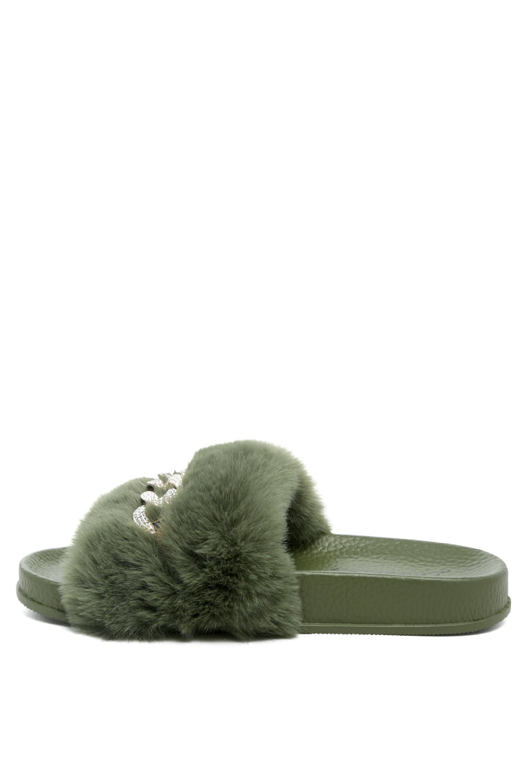 Chums Metal Chain Detail Fur Slides