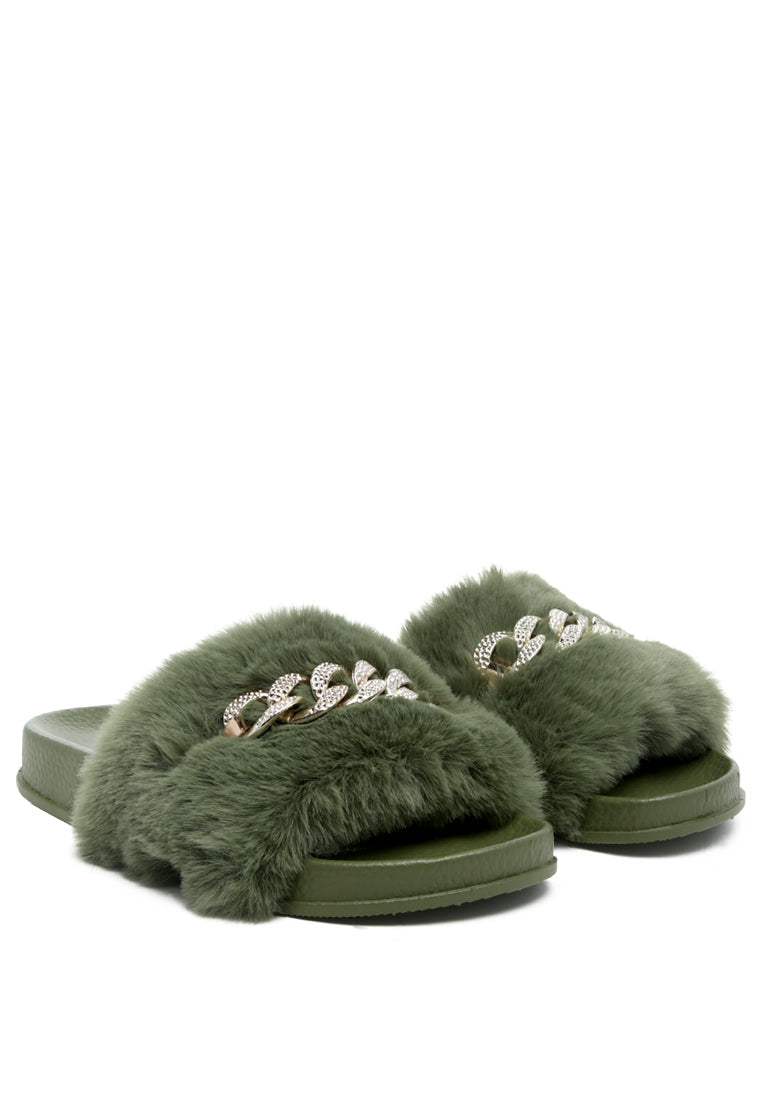 Chums Metal Chain Detail Fur Slides