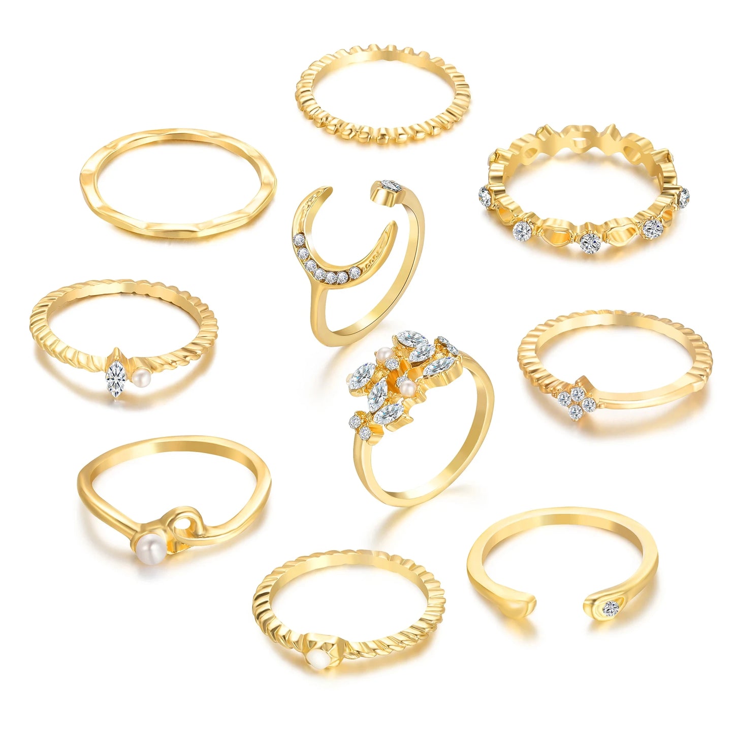 10 Pcs Rings Suit For Women Gold-color Chain Ring Set Bohemian Style