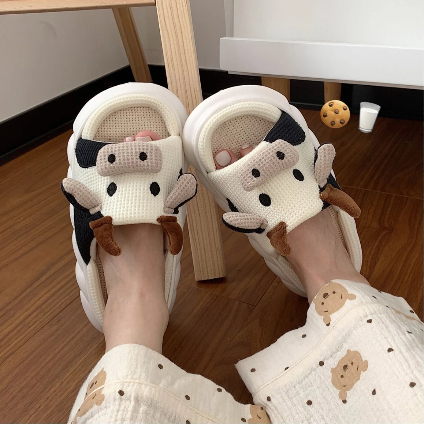 Women's Kawaii Cartoon Cow House Slippers, Casual Slip On Platform