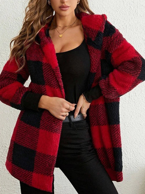 2024 Winter Plaid Color Block Women Cardigan Hooded Loose Ribbed Long