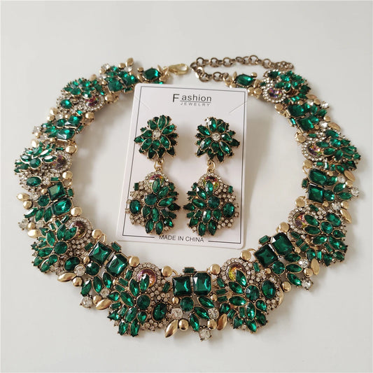 2024 New ZA Trend Green Crystal Rhinestones Necklace Earrings Women