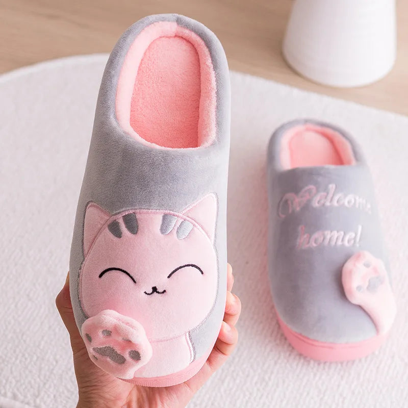 Women Winter Warm Slippers Cartoon Cat Shoes Furry Plush Slides Round