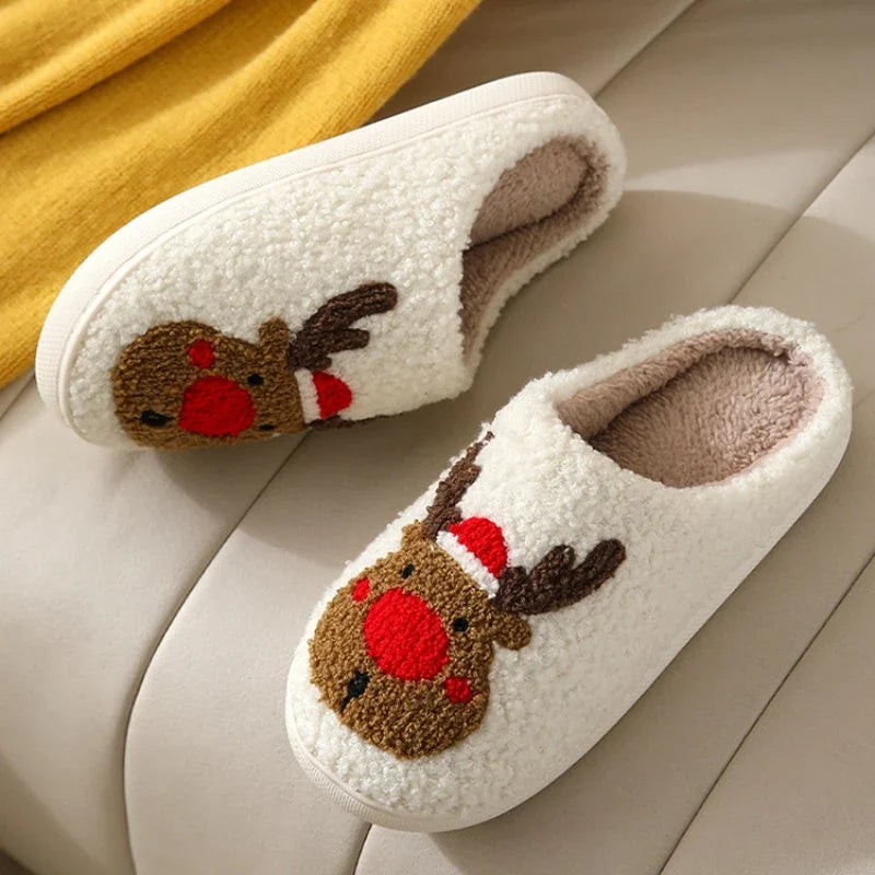 Christmas Elk Cotton Slippers for Women Men Winter Cute Cartoon Home