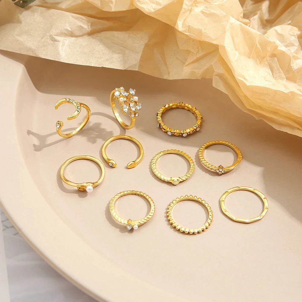 10 Pcs Rings Suit For Women Gold-color Chain Ring Set Bohemian Style