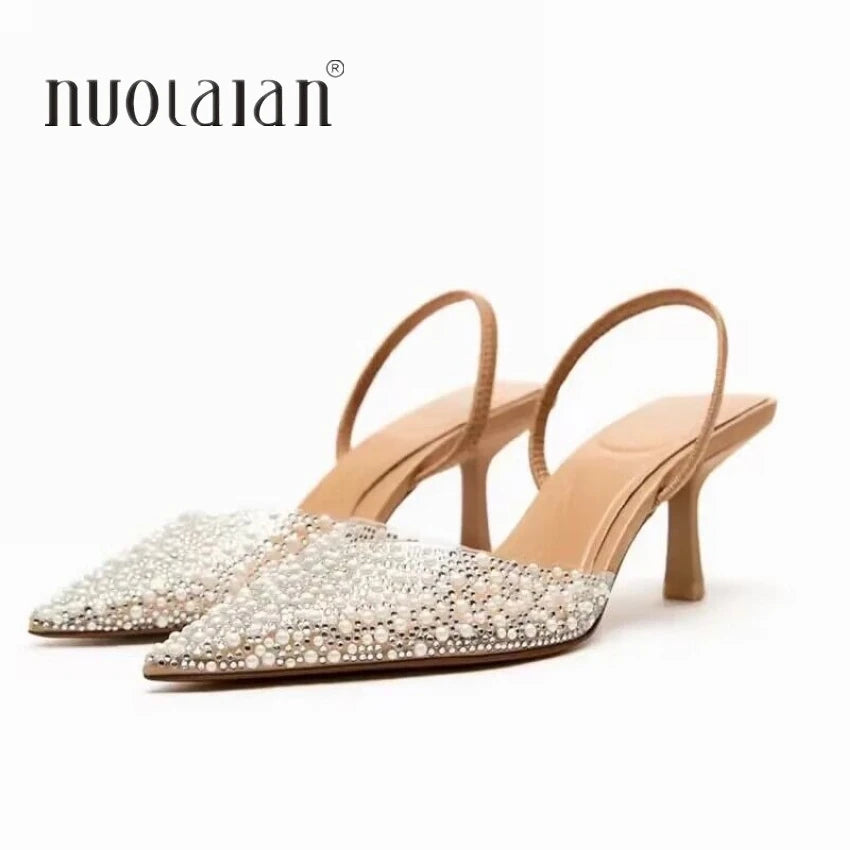 2024 Fashion Summer Women High Heels Pearl Decoration Slingback Woman