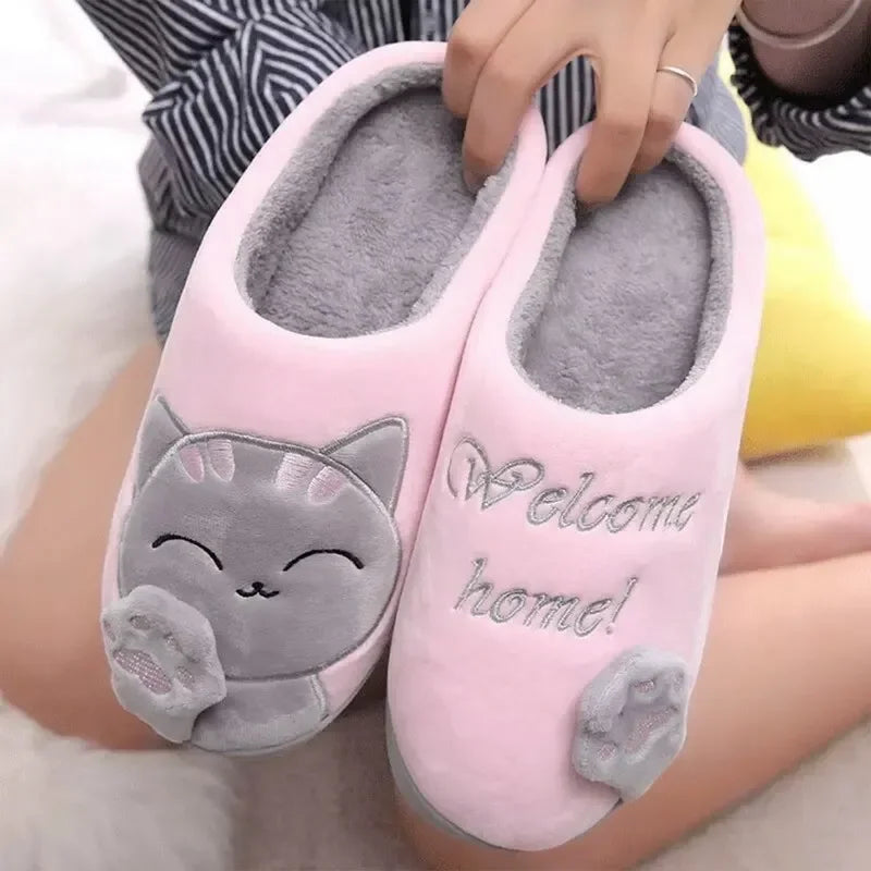 Women Winter Warm Slippers Cartoon Cat Shoes Furry Plush Slides Round