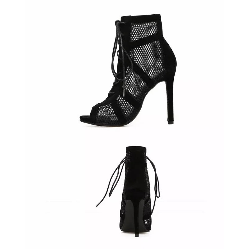 New Fashion Show Black Net Fabric Cross Strap Sexy High Heel Sandals