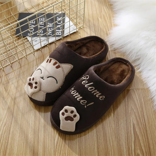 Women Winter Warm Slippers Cartoon Cat Shoes Furry Plush Slides Round