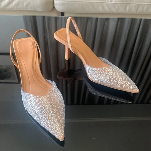 2024 Fashion Summer Women High Heels Pearl Decoration Slingback Woman