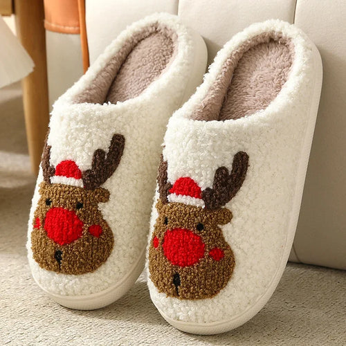 Christmas Elk Cotton Slippers for Women Men Winter Cute Cartoon Home