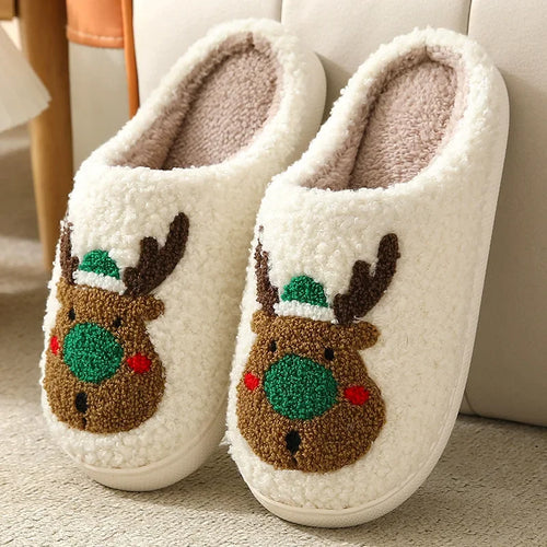 Christmas Elk Cotton Slippers for Women Men Winter Cute Cartoon Home