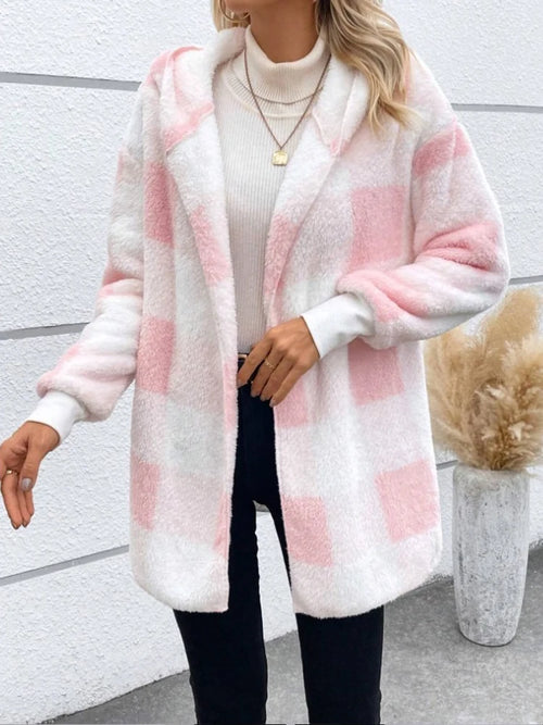 2024 Winter Plaid Color Block Women Cardigan Hooded Loose Ribbed Long