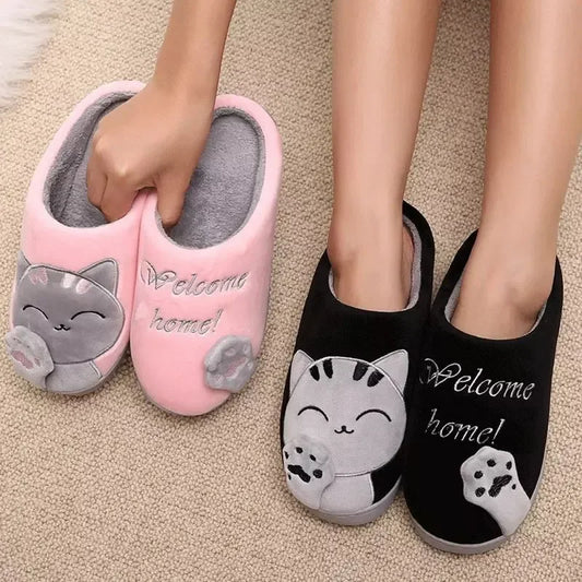 Women Winter Warm Slippers Cartoon Cat Shoes Furry Plush Slides Round