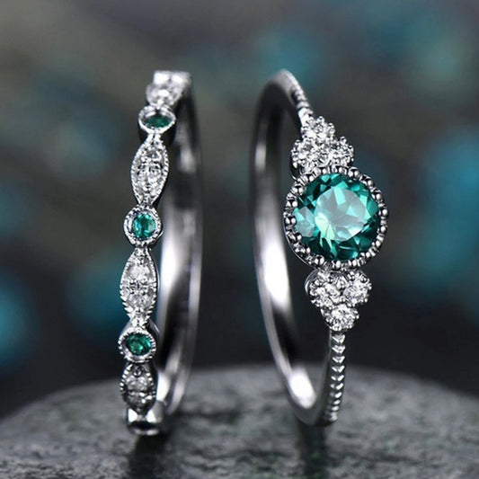 2 PCs Silver-Color Vintage Blue Zircon Ring For Women Fashion Classic