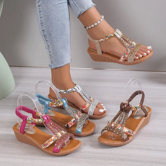 Women Wedge Sandals Summer Bohemia Rhinestones Casual Platform Sandals