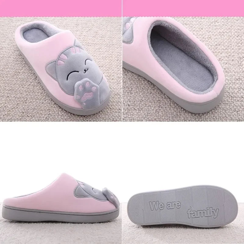 Women Winter Warm Slippers Cartoon Cat Shoes Furry Plush Slides Round