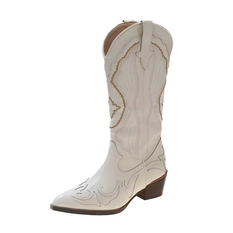 Women's Embroidered Western Mid Calf Boots Cowboy Square Heels Boots