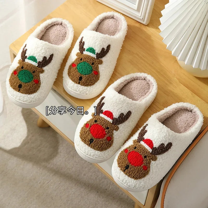 Christmas Elk Cotton Slippers for Women Men Winter Cute Cartoon Home