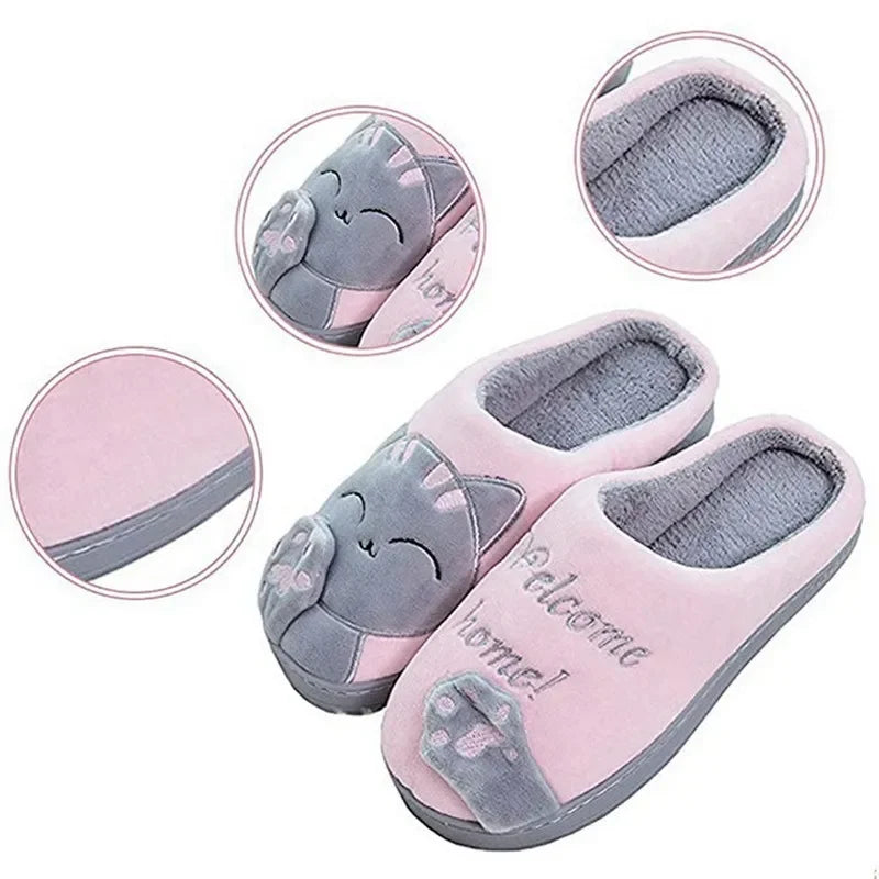 Women Winter Warm Slippers Cartoon Cat Shoes Furry Plush Slides Round