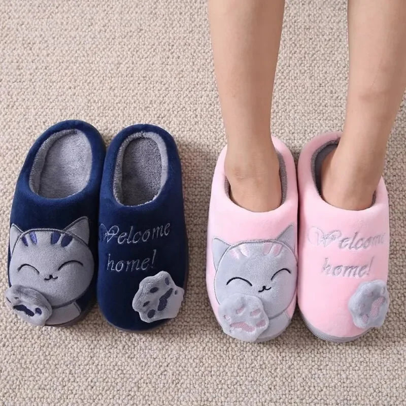 Women Winter Warm Slippers Cartoon Cat Shoes Furry Plush Slides Round