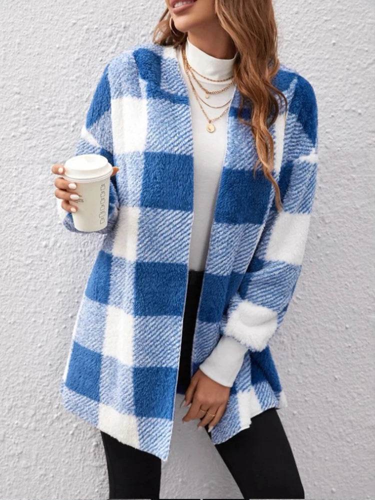 2024 Winter Plaid Color Block Women Cardigan Hooded Loose Ribbed Long