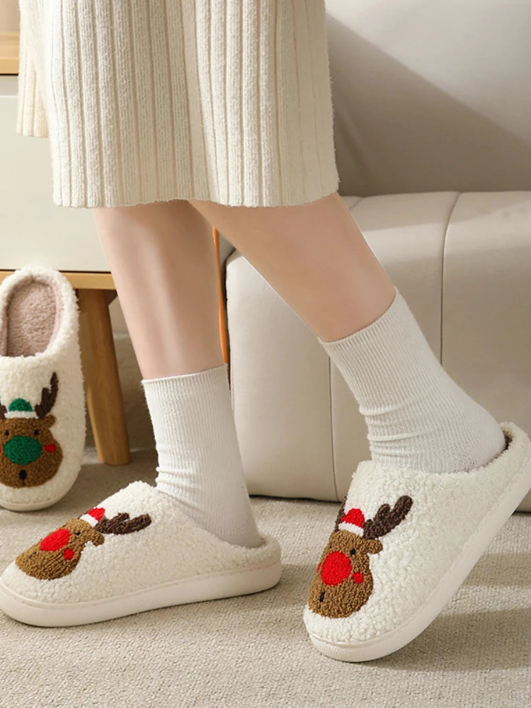 Christmas Elk Cotton Slippers for Women Men Winter Cute Cartoon Home