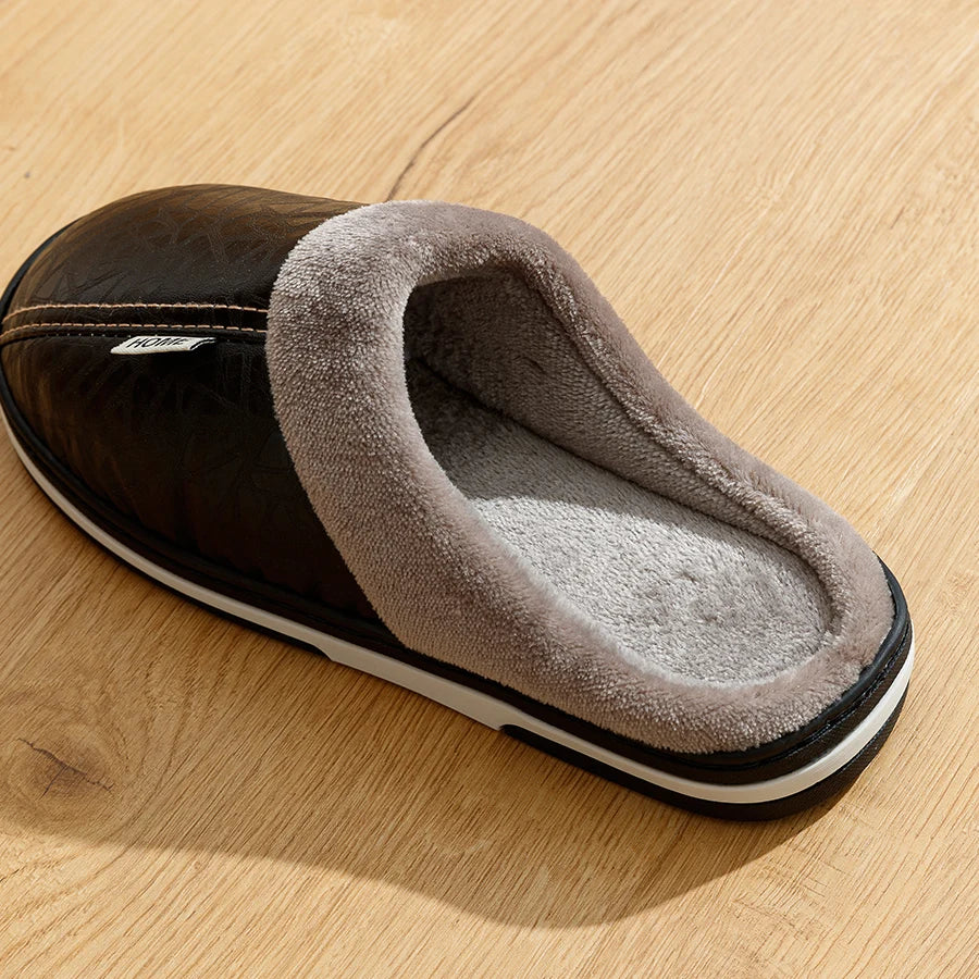 Men's slippers Winter Big Size Indoor Waterproof PU Leather Large