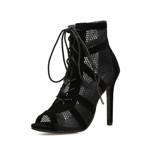 New Fashion Show Black Net Fabric Cross Strap Sexy High Heel Sandals