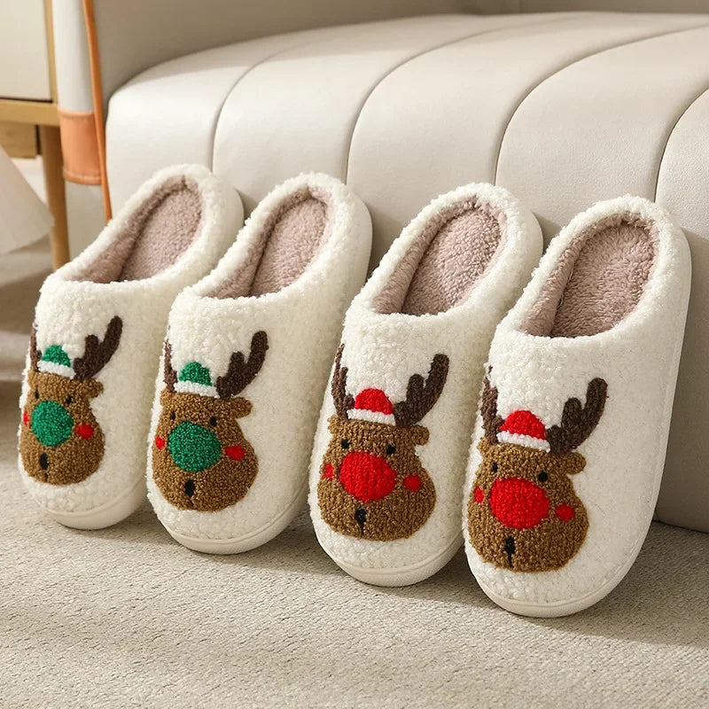 Christmas Elk Cotton Slippers for Women Men Winter Cute Cartoon Home