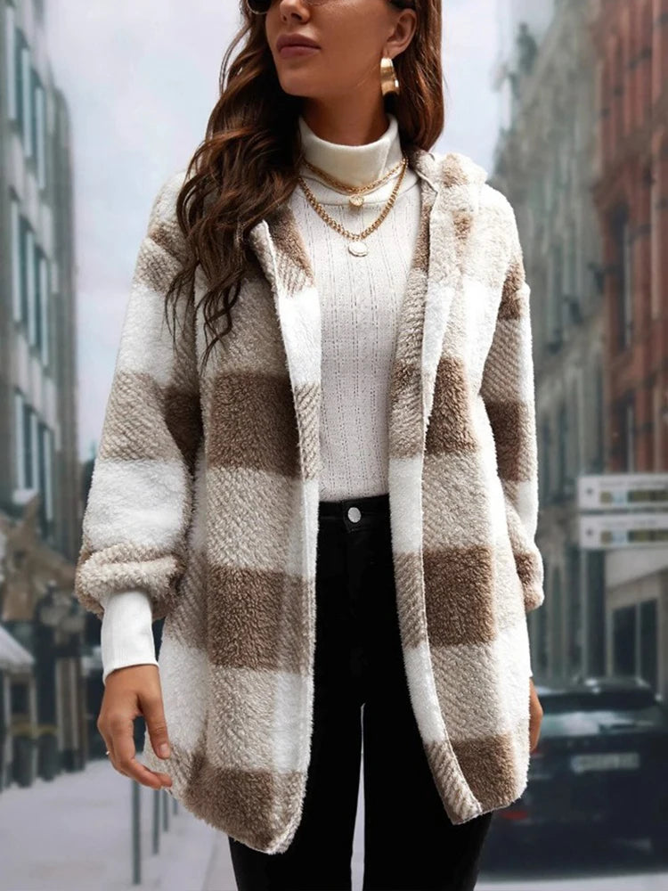 2024 Winter Plaid Color Block Women Cardigan Hooded Loose Ribbed Long