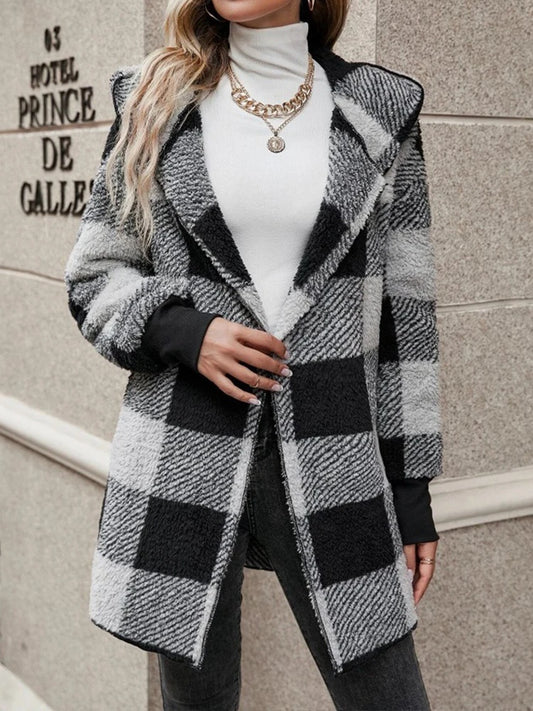 2024 Winter Plaid Color Block Women Cardigan Hooded Loose Ribbed Long