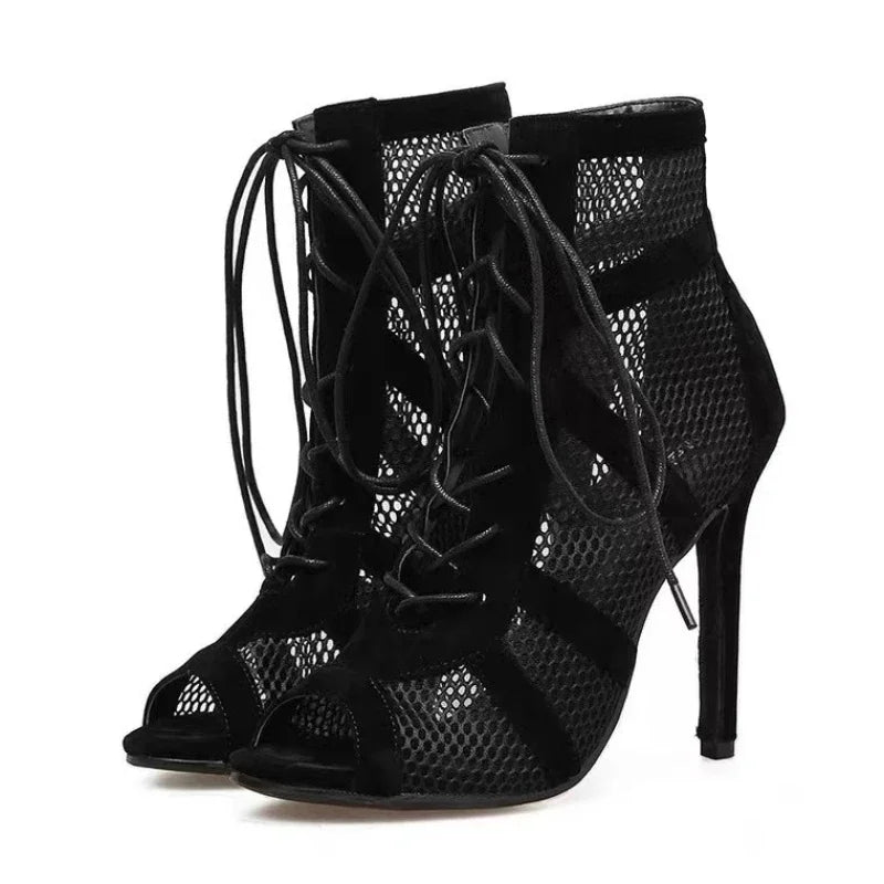 Sexy High Heels Hollow Mesh Sandals Women Summer Cross-tied Peep Toe